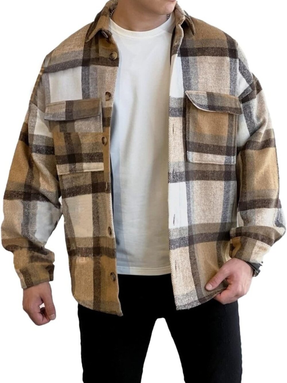 Cozy Plaid Wool Blend Jacket | Fleece Lined, Relaxed Fit, Long Sleeve Shacket